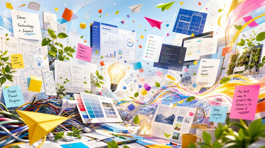 Kleurrijk, druk collagebeeld over technologie als creatieve kracht: dashboards, wireframes, code, gloeilampen, kleurstalen, papieren vliegtuigjes, post-its en groene planten in helder daglicht.