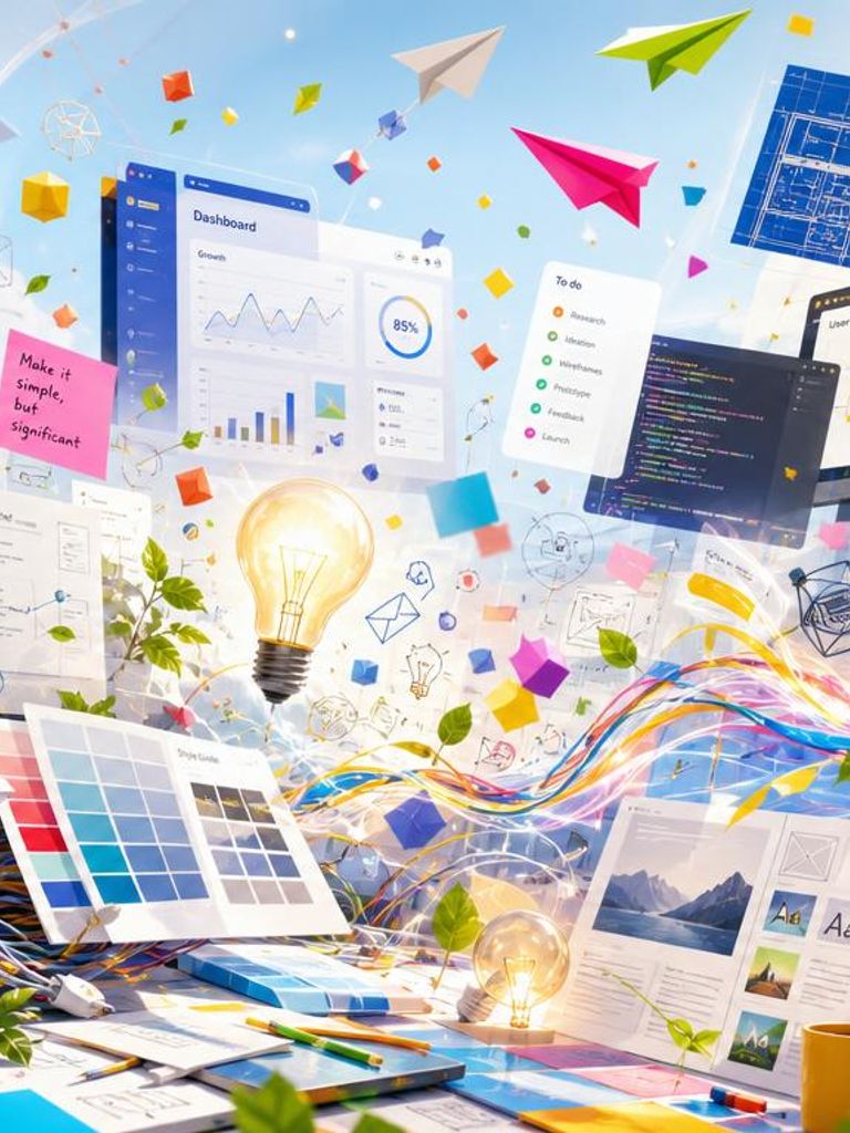 Kleurrijk, druk collagebeeld over technologie als creatieve kracht: dashboards, wireframes, code, gloeilampen, kleurstalen, papieren vliegtuigjes, post-its en groene planten in helder daglicht.