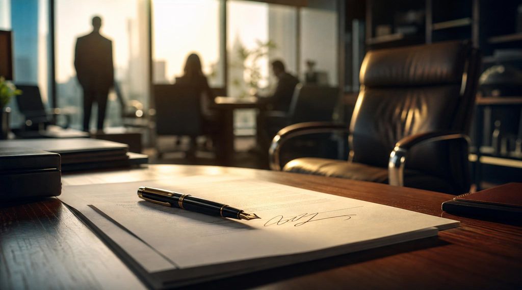 Vulpen op een vers ondertekend contract in ochtendlicht, met op de achtergrond een kantoor in beweging en een lege lederen bureaustoel