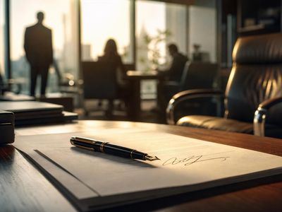 Vulpen op een vers ondertekend contract in ochtendlicht, met op de achtergrond een kantoor in beweging en een lege lederen bureaustoel