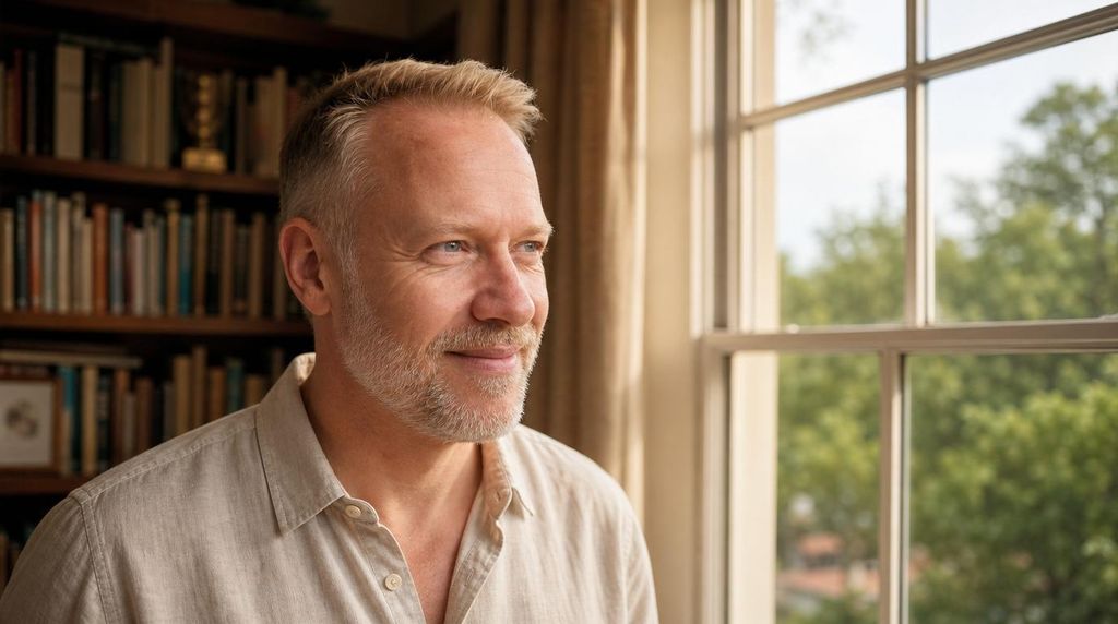 Man in een linnen hemd staat bij een raam met daglicht in een studeerkamer met boekenwand en kijkt rustig naar buiten