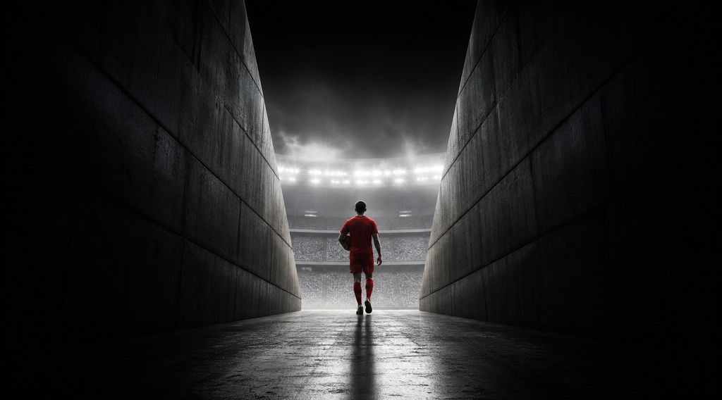 Eenzame voetballer in een rood shirt, op de rug gezien, stapt vanuit een donkere stadiontunnel richting fel licht
