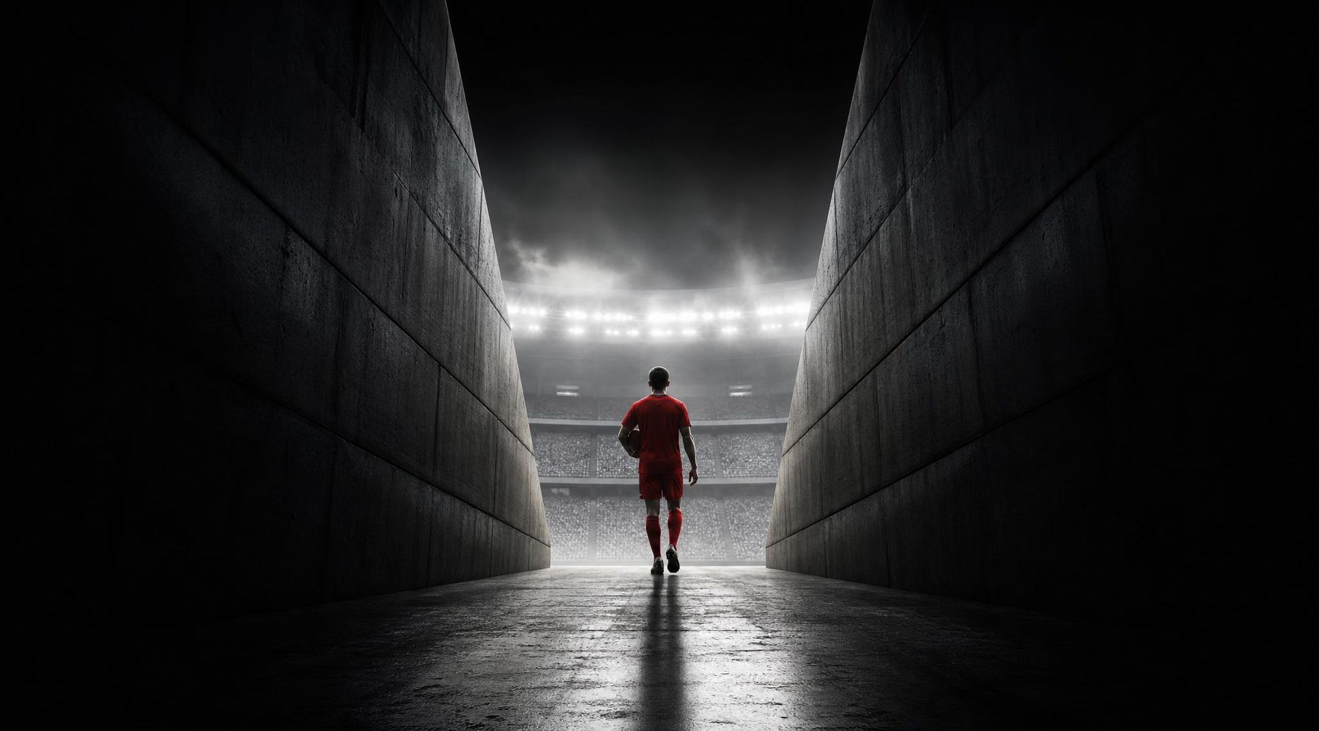 Eenzame voetballer in een rood shirt, op de rug gezien, stapt vanuit een donkere stadiontunnel richting fel licht