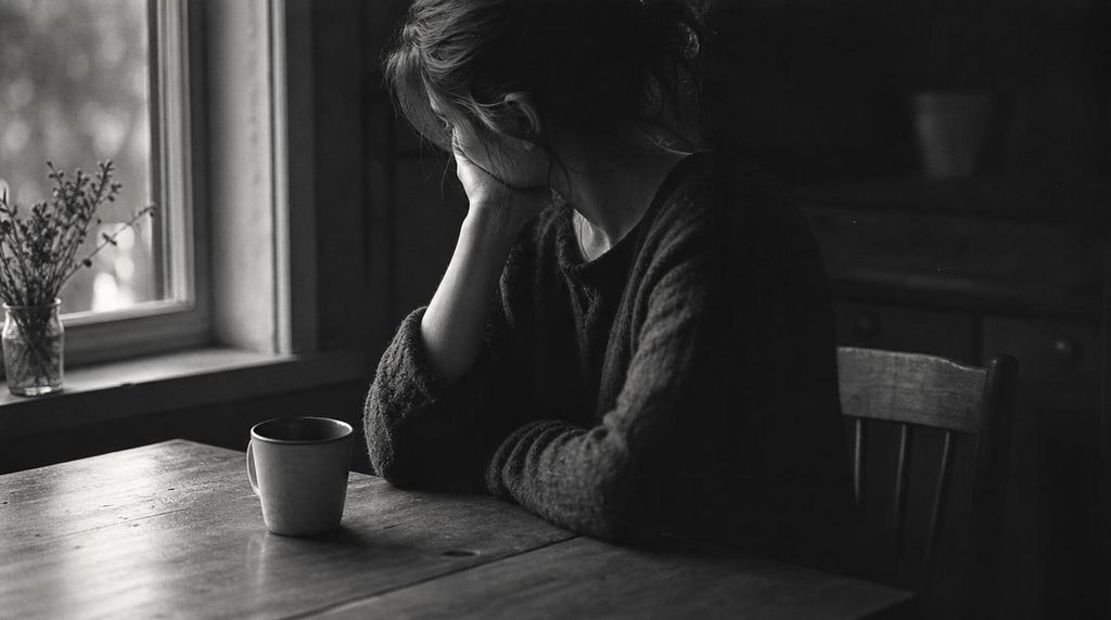 Zwart-witfoto van een vrouw die in zacht raamlicht aan een houten tafel zit, haar hoofd op haar hand, in gedachten verzonken