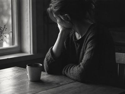 Zwart-witfoto van een vrouw die in zacht raamlicht aan een houten tafel zit, haar hoofd op haar hand, in gedachten verzonken
