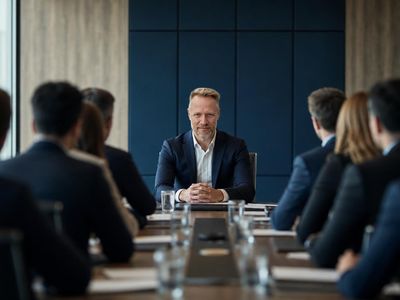 Man in pak zit kalm en zelfverzekerd aan het hoofd van een vergadertafel, tegenover een rij collega's