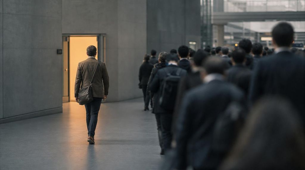 Man die wegloopt van een wachtrij richting een open, verlichte deur