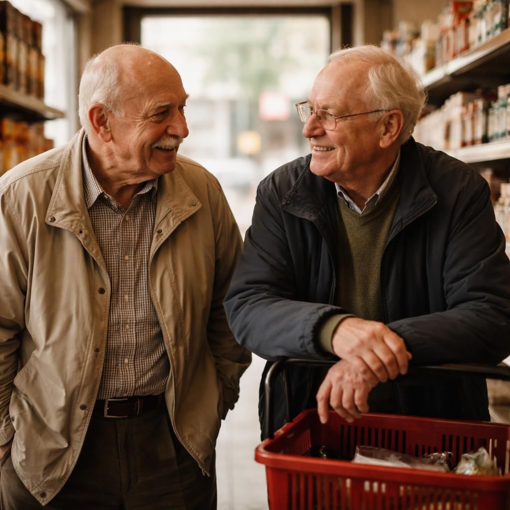 Twee oudere mannen in gesprek in een buurtsupermarkt — les in mindset voor ondernemers