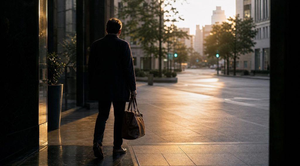 Professional met leren tas stapt bij dageraad vanuit een donkere kantoorlobby een open straat in warm ochtendlicht op