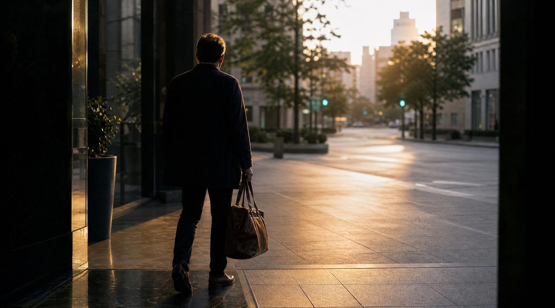 Professional met leren tas stapt bij dageraad vanuit een donkere kantoorlobby een open straat in warm ochtendlicht op