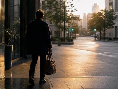 Professional met leren tas stapt bij dageraad vanuit een donkere kantoorlobby een open straat in warm ochtendlicht op