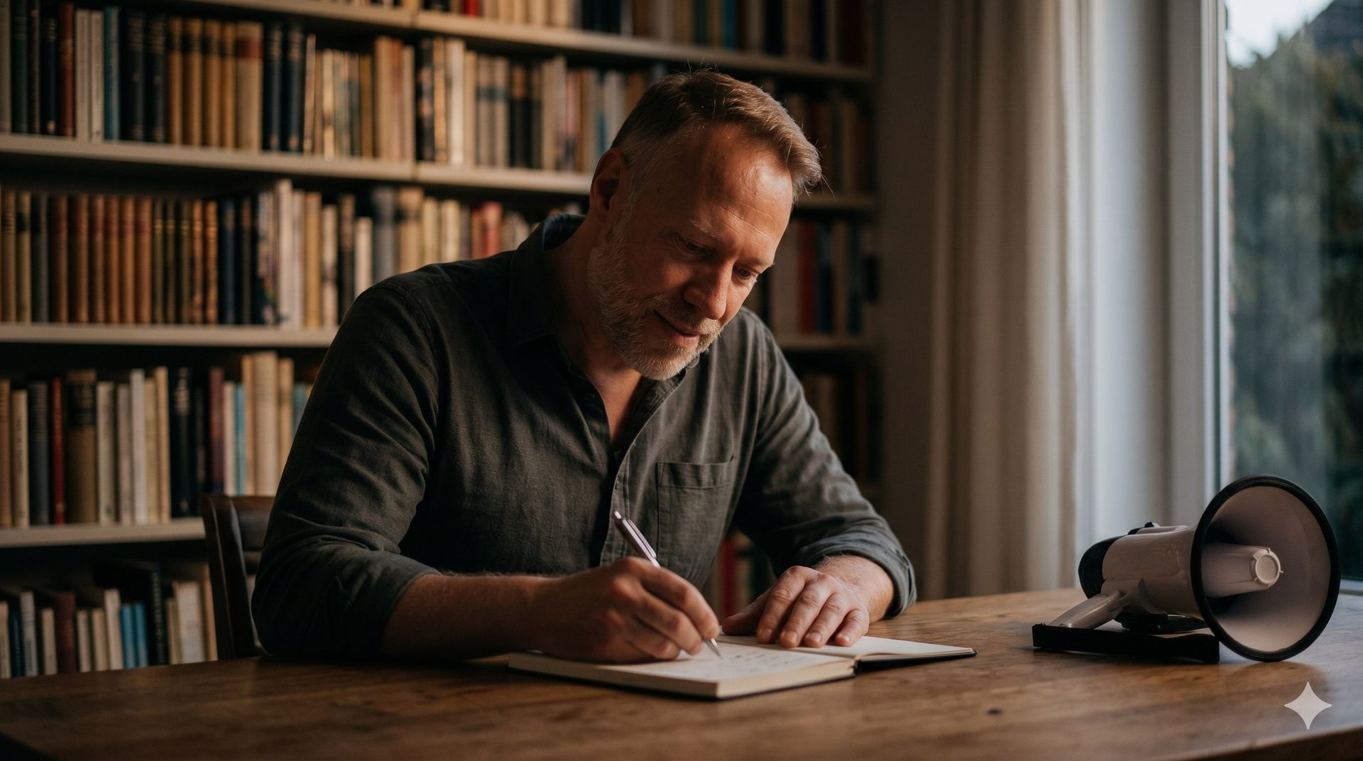 Walter Swaenepoel schrijft aan een houten bureau voor een boekenwand, met een neergelegde megafoon naast zich