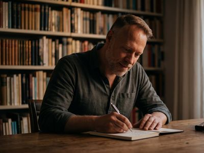 Walter Swaenepoel schrijft aan een houten bureau voor een boekenwand, met een neergelegde megafoon naast zich
