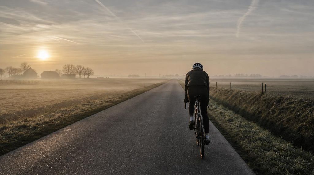 Eenzame wegfietser op een mistige Vlaamse landweg bij zonsopgang